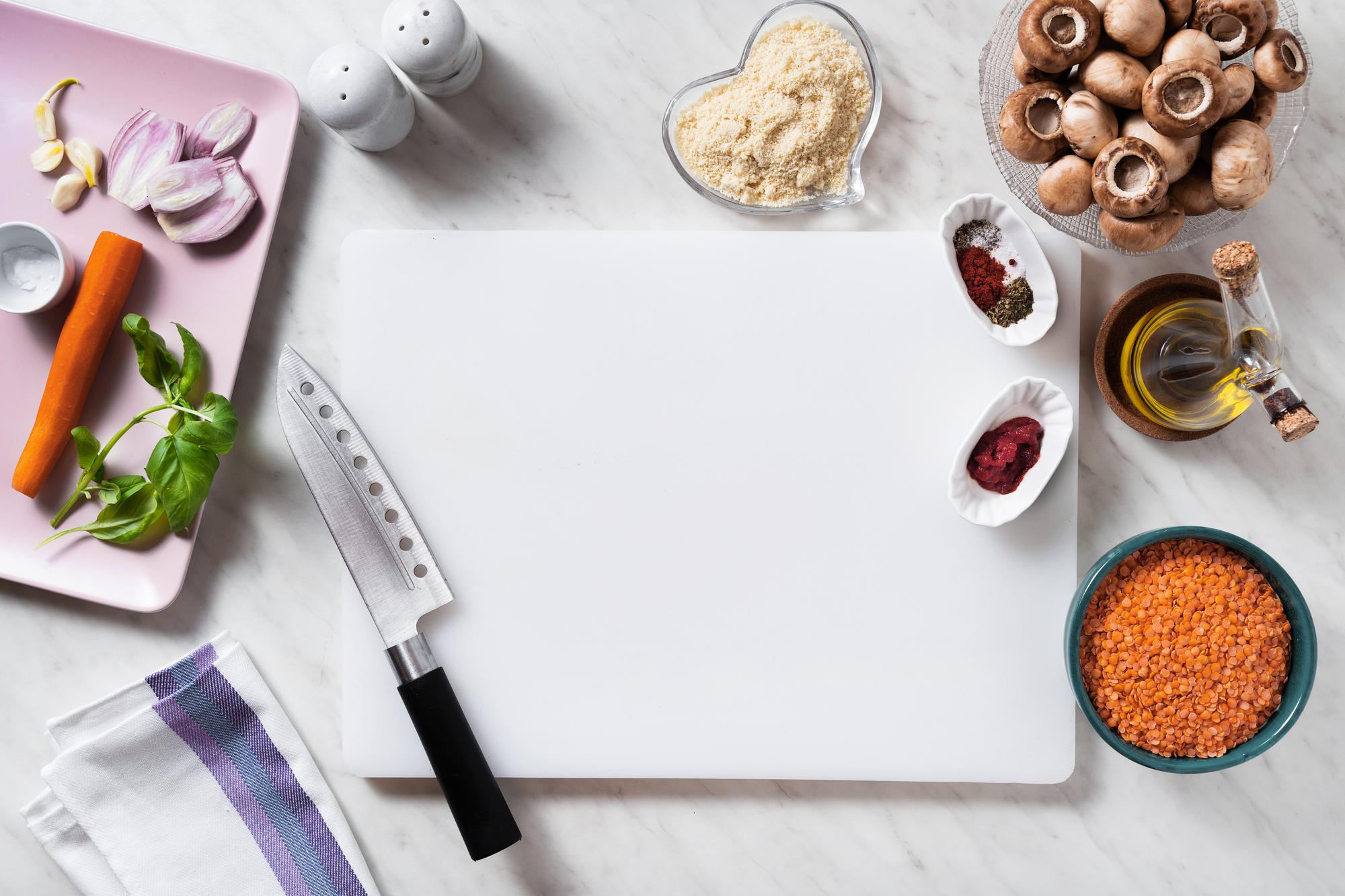 Ingredient prep kit and recipe card on table