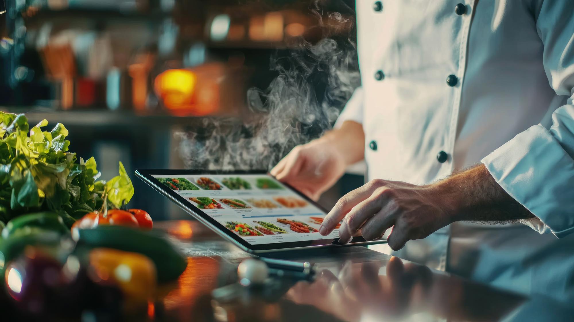 Compact pricing visual with chef and laptop